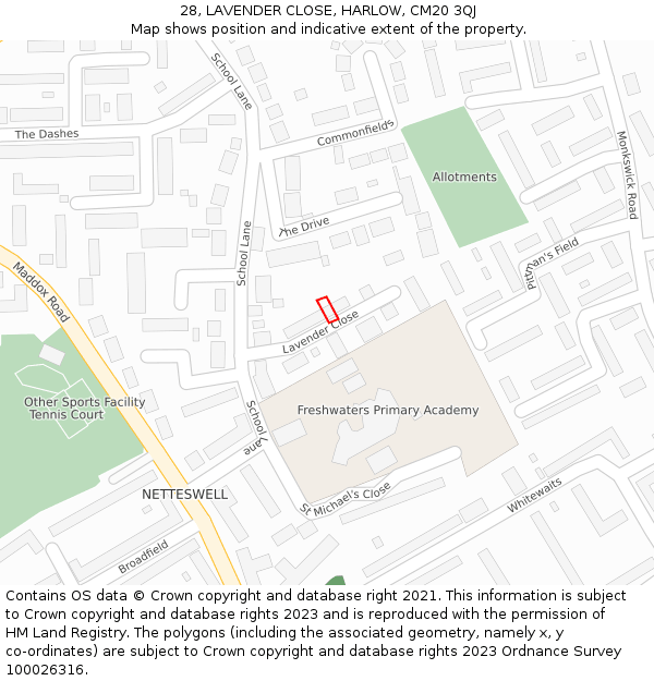 28, LAVENDER CLOSE, HARLOW, CM20 3QJ: Location map and indicative extent of plot