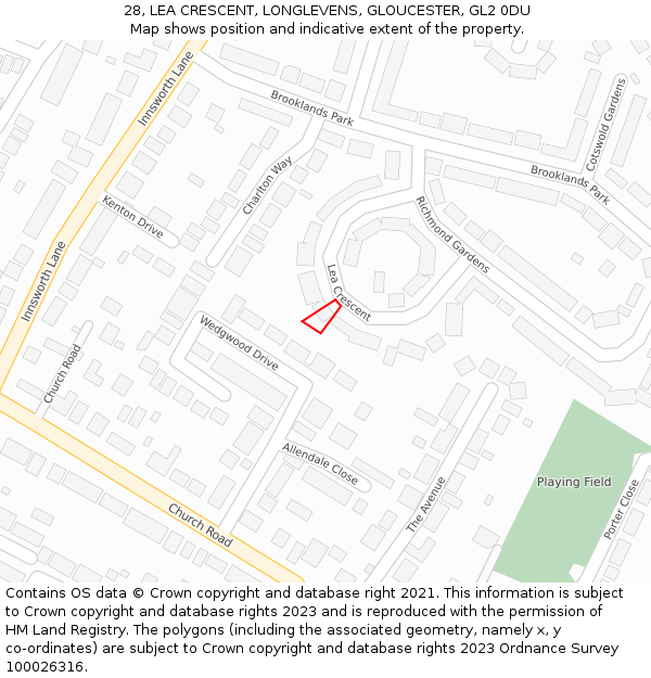 28, LEA CRESCENT, LONGLEVENS, GLOUCESTER, GL2 0DU: Location map and indicative extent of plot