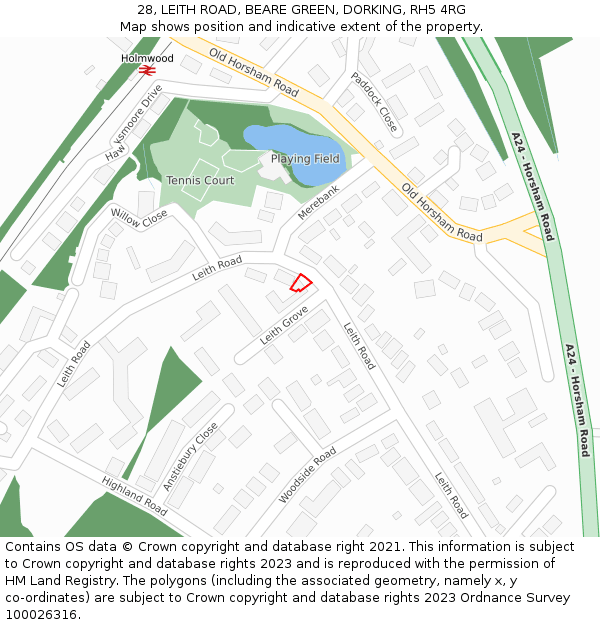 28, LEITH ROAD, BEARE GREEN, DORKING, RH5 4RG: Location map and indicative extent of plot