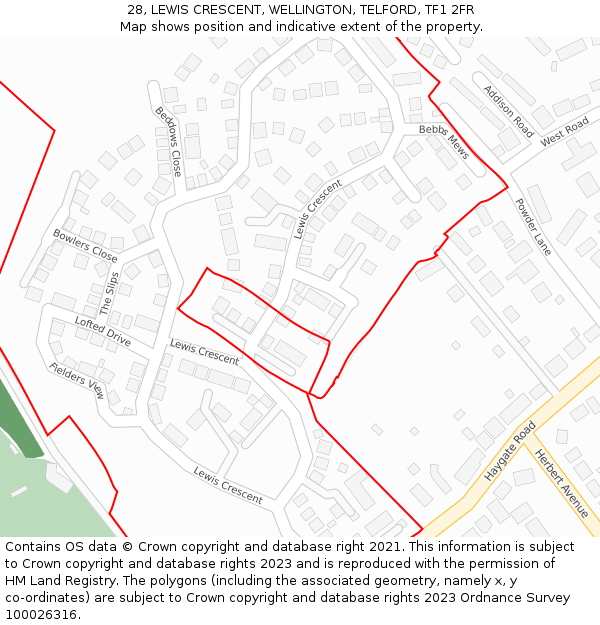 28, LEWIS CRESCENT, WELLINGTON, TELFORD, TF1 2FR: Location map and indicative extent of plot