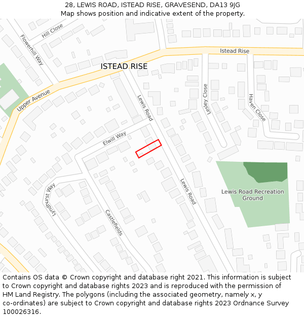 28, LEWIS ROAD, ISTEAD RISE, GRAVESEND, DA13 9JG: Location map and indicative extent of plot