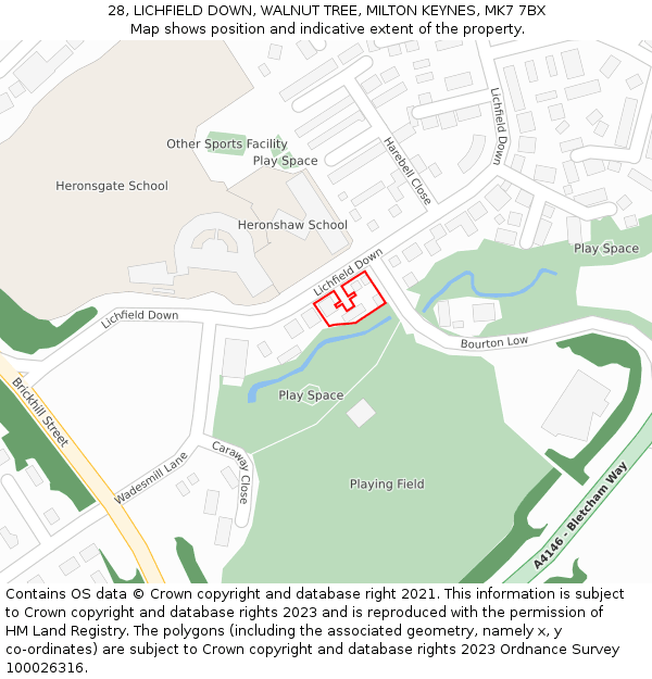 28, LICHFIELD DOWN, WALNUT TREE, MILTON KEYNES, MK7 7BX: Location map and indicative extent of plot