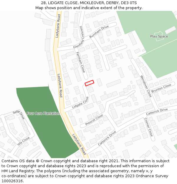 28, LIDGATE CLOSE, MICKLEOVER, DERBY, DE3 0TS: Location map and indicative extent of plot