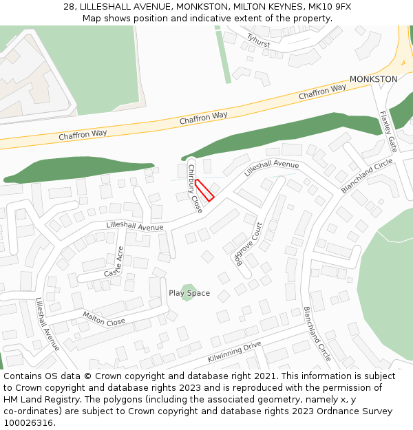 28, LILLESHALL AVENUE, MONKSTON, MILTON KEYNES, MK10 9FX: Location map and indicative extent of plot