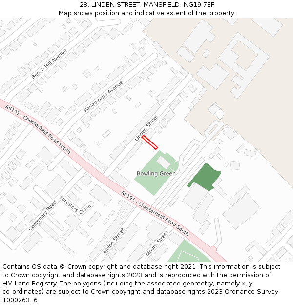 28, LINDEN STREET, MANSFIELD, NG19 7EF: Location map and indicative extent of plot