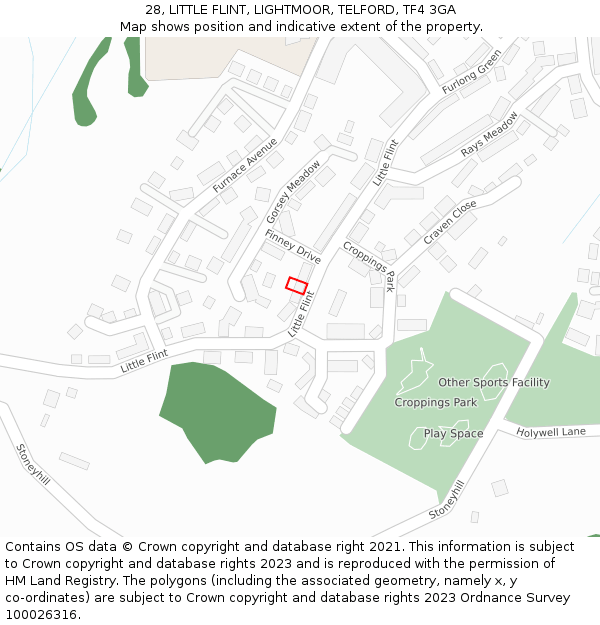 28, LITTLE FLINT, LIGHTMOOR, TELFORD, TF4 3GA: Location map and indicative extent of plot