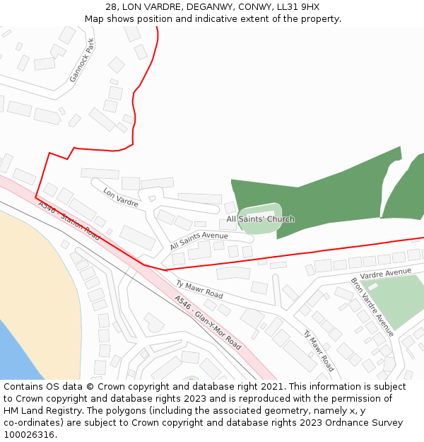 28, LON VARDRE, DEGANWY, CONWY, LL31 9HX: Location map and indicative extent of plot