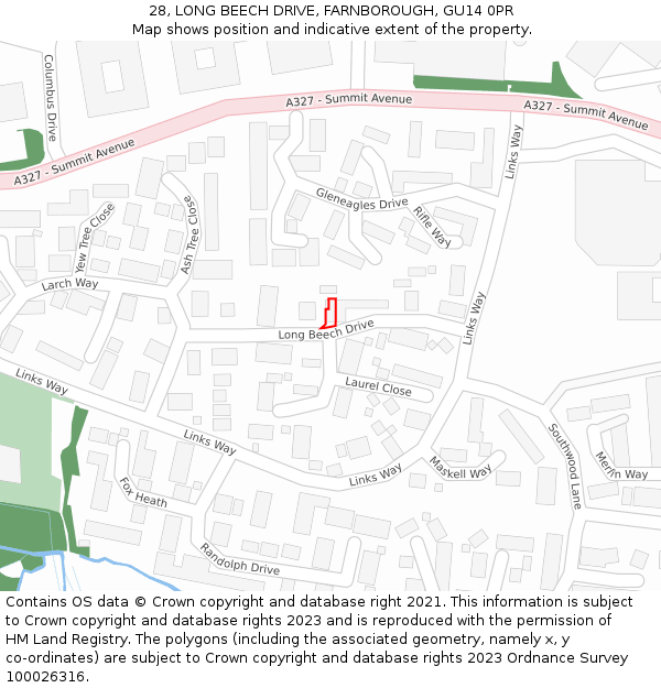 28, LONG BEECH DRIVE, FARNBOROUGH, GU14 0PR: Location map and indicative extent of plot