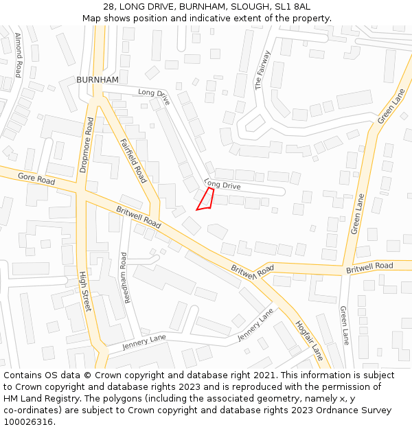 28, LONG DRIVE, BURNHAM, SLOUGH, SL1 8AL: Location map and indicative extent of plot