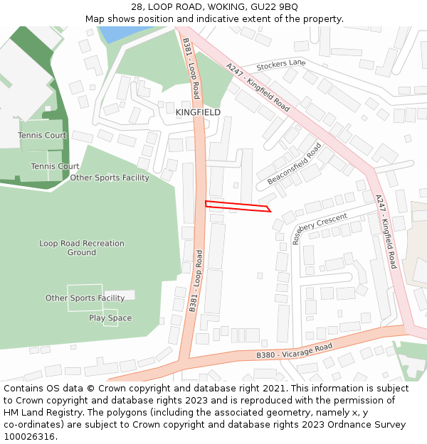 28, LOOP ROAD, WOKING, GU22 9BQ: Location map and indicative extent of plot