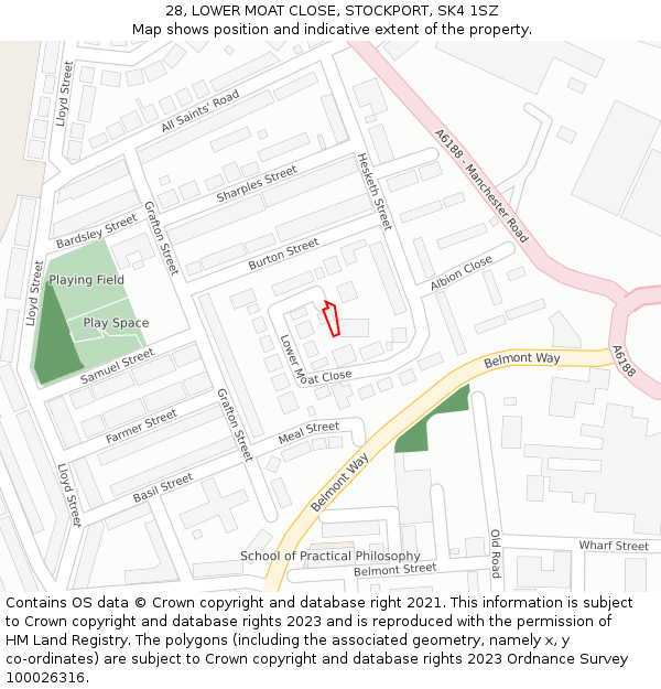 28, LOWER MOAT CLOSE, STOCKPORT, SK4 1SZ: Location map and indicative extent of plot