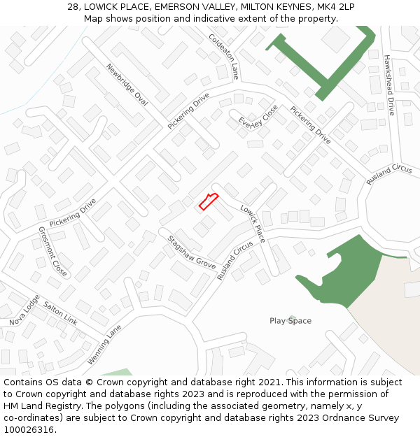 28, LOWICK PLACE, EMERSON VALLEY, MILTON KEYNES, MK4 2LP: Location map and indicative extent of plot