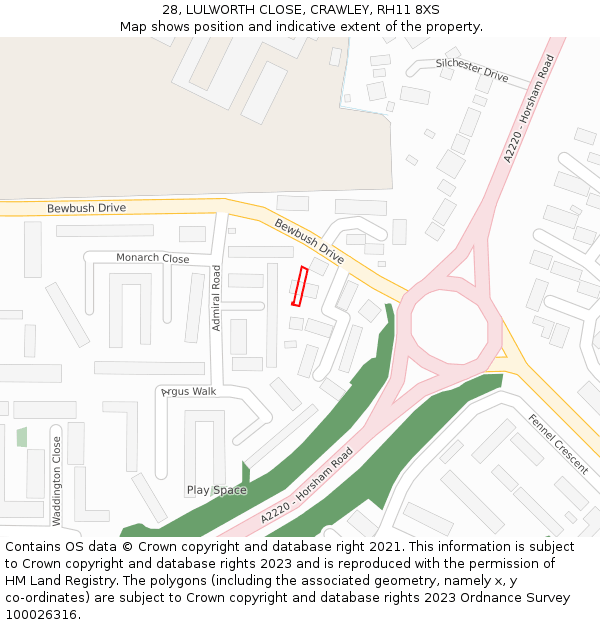 28, LULWORTH CLOSE, CRAWLEY, RH11 8XS: Location map and indicative extent of plot