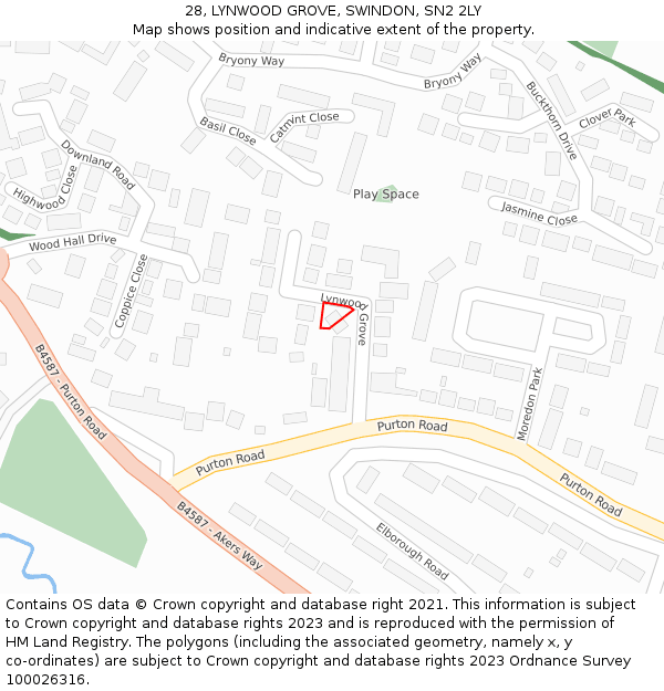 28, LYNWOOD GROVE, SWINDON, SN2 2LY: Location map and indicative extent of plot