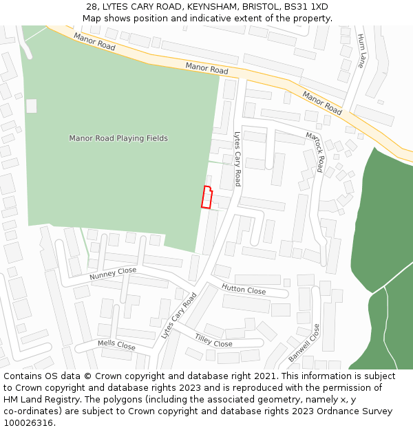 28, LYTES CARY ROAD, KEYNSHAM, BRISTOL, BS31 1XD: Location map and indicative extent of plot