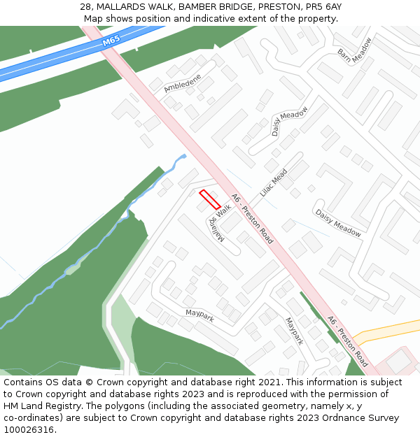 28, MALLARDS WALK, BAMBER BRIDGE, PRESTON, PR5 6AY: Location map and indicative extent of plot