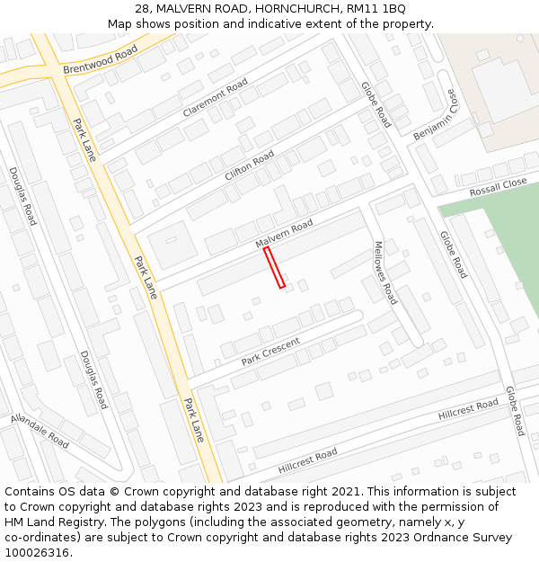 28, MALVERN ROAD, HORNCHURCH, RM11 1BQ: Location map and indicative extent of plot