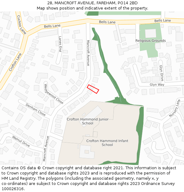 28, MANCROFT AVENUE, FAREHAM, PO14 2BD: Location map and indicative extent of plot