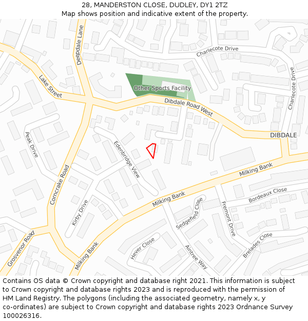 28, MANDERSTON CLOSE, DUDLEY, DY1 2TZ: Location map and indicative extent of plot