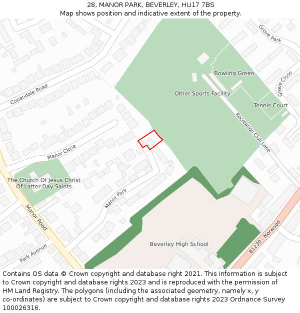 28, MANOR PARK, BEVERLEY, HU17 7BS: Location map and indicative extent of plot