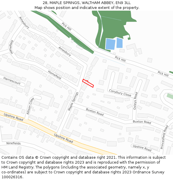 28, MAPLE SPRINGS, WALTHAM ABBEY, EN9 3LL: Location map and indicative extent of plot