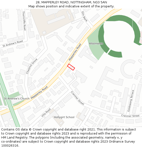 28, MAPPERLEY ROAD, NOTTINGHAM, NG3 5AN: Location map and indicative extent of plot