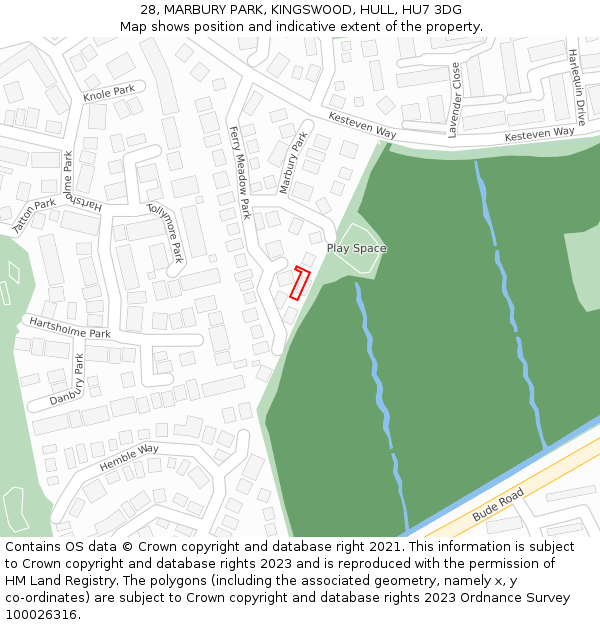 28, MARBURY PARK, KINGSWOOD, HULL, HU7 3DG: Location map and indicative extent of plot