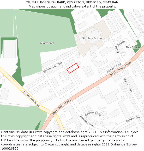 28, MARLBOROUGH PARK, KEMPSTON, BEDFORD, MK42 8AN: Location map and indicative extent of plot