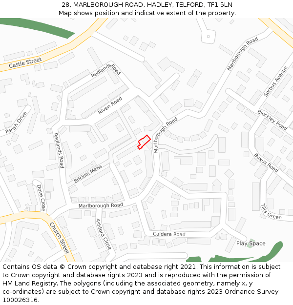 28, MARLBOROUGH ROAD, HADLEY, TELFORD, TF1 5LN: Location map and indicative extent of plot