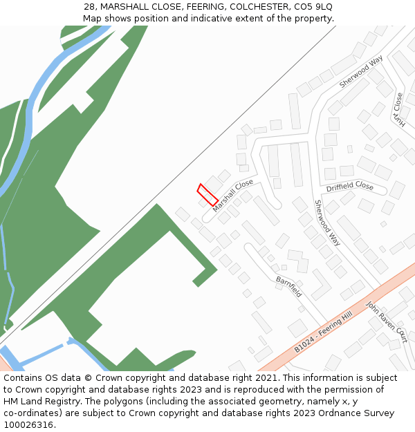 28, MARSHALL CLOSE, FEERING, COLCHESTER, CO5 9LQ: Location map and indicative extent of plot