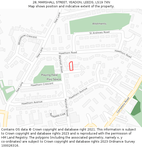 28, MARSHALL STREET, YEADON, LEEDS, LS19 7XN: Location map and indicative extent of plot