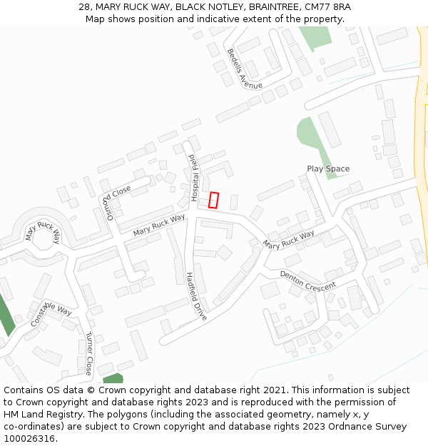 28, MARY RUCK WAY, BLACK NOTLEY, BRAINTREE, CM77 8RA: Location map and indicative extent of plot