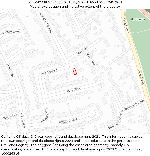 28, MAY CRESCENT, HOLBURY, SOUTHAMPTON, SO45 2GS: Location map and indicative extent of plot