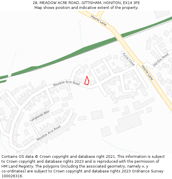 28, MEADOW ACRE ROAD, GITTISHAM, HONITON, EX14 3FE: Location map and indicative extent of plot
