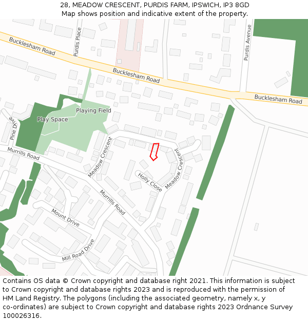 28, MEADOW CRESCENT, PURDIS FARM, IPSWICH, IP3 8GD: Location map and indicative extent of plot