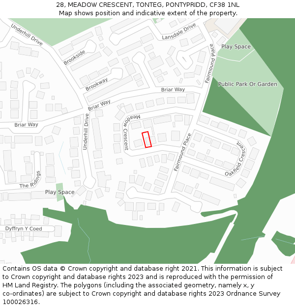 28, MEADOW CRESCENT, TONTEG, PONTYPRIDD, CF38 1NL: Location map and indicative extent of plot