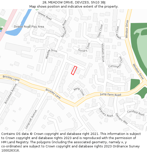 28, MEADOW DRIVE, DEVIZES, SN10 3BJ: Location map and indicative extent of plot