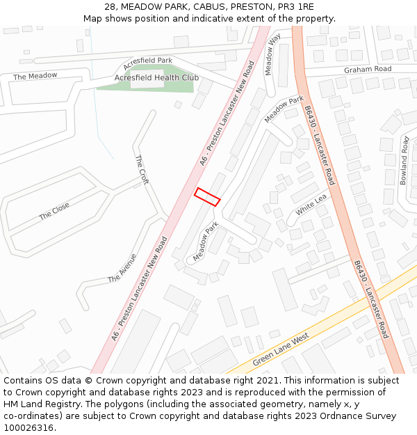 28, MEADOW PARK, CABUS, PRESTON, PR3 1RE: Location map and indicative extent of plot