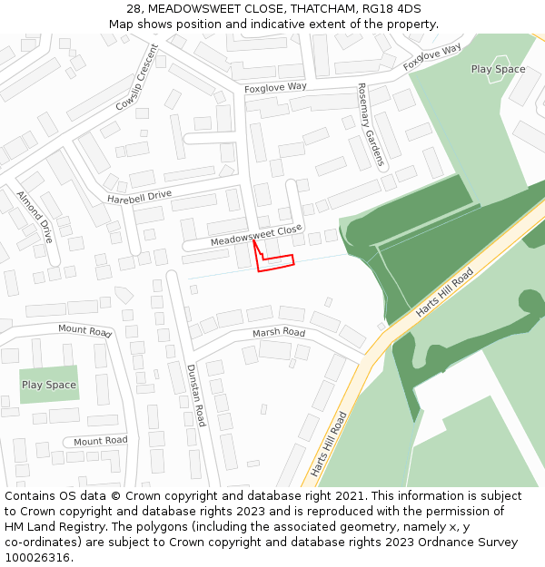 28, MEADOWSWEET CLOSE, THATCHAM, RG18 4DS: Location map and indicative extent of plot