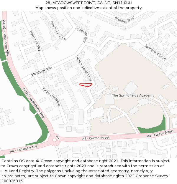 28, MEADOWSWEET DRIVE, CALNE, SN11 0UH: Location map and indicative extent of plot