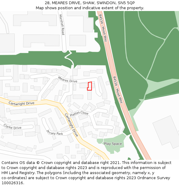 28, MEARES DRIVE, SHAW, SWINDON, SN5 5QP: Location map and indicative extent of plot