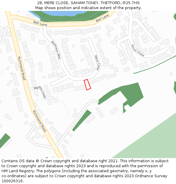 28, MERE CLOSE, SAHAM TONEY, THETFORD, IP25 7HS: Location map and indicative extent of plot