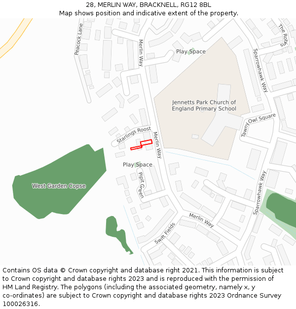 28, MERLIN WAY, BRACKNELL, RG12 8BL: Location map and indicative extent of plot