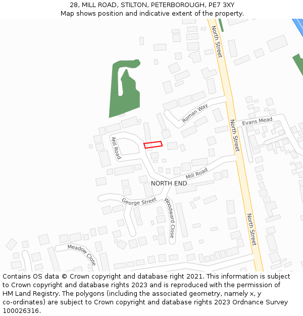 28, MILL ROAD, STILTON, PETERBOROUGH, PE7 3XY: Location map and indicative extent of plot