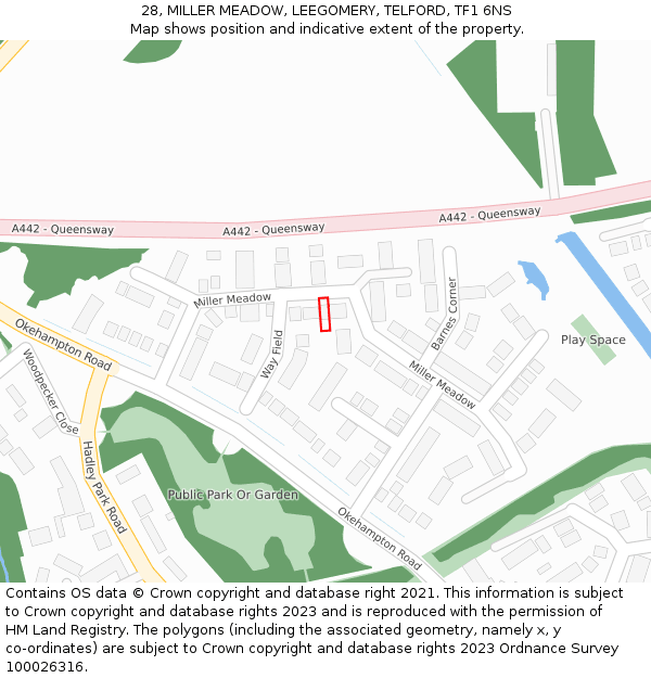 28, MILLER MEADOW, LEEGOMERY, TELFORD, TF1 6NS: Location map and indicative extent of plot