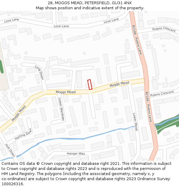 28, MOGGS MEAD, PETERSFIELD, GU31 4NX: Location map and indicative extent of plot