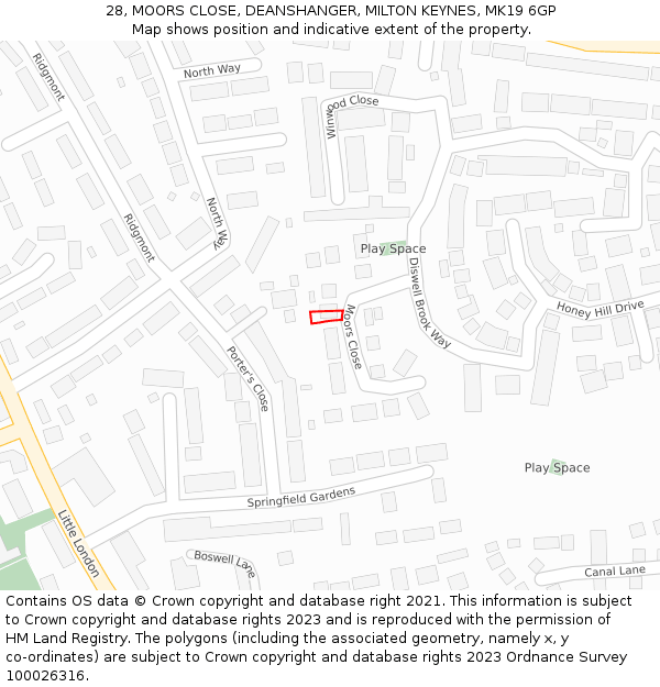 28, MOORS CLOSE, DEANSHANGER, MILTON KEYNES, MK19 6GP: Location map and indicative extent of plot