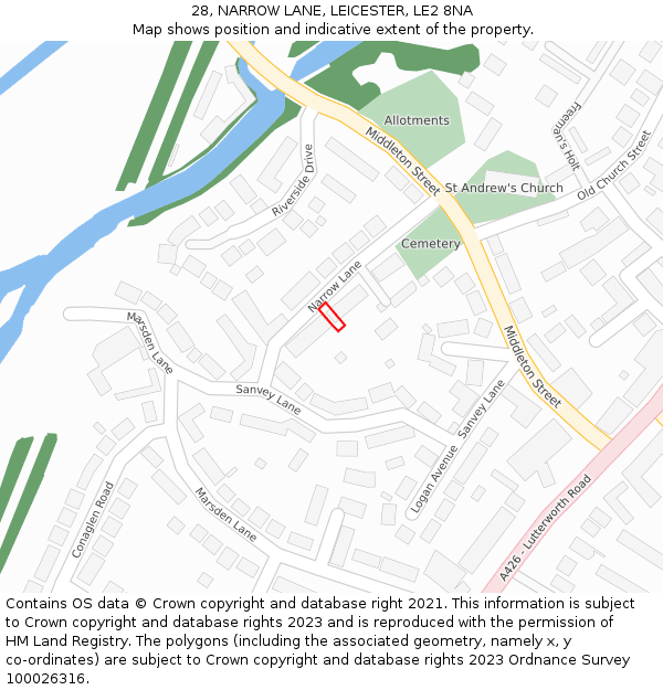 28, NARROW LANE, LEICESTER, LE2 8NA: Location map and indicative extent of plot