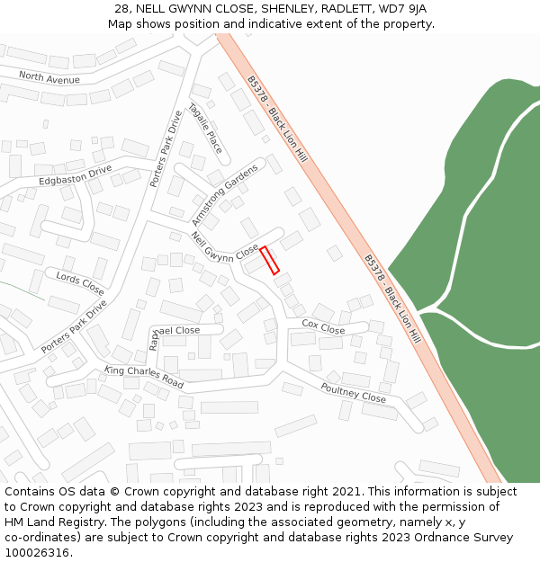 28, NELL GWYNN CLOSE, SHENLEY, RADLETT, WD7 9JA: Location map and indicative extent of plot