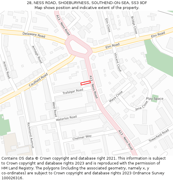 28, NESS ROAD, SHOEBURYNESS, SOUTHEND-ON-SEA, SS3 9DF: Location map and indicative extent of plot